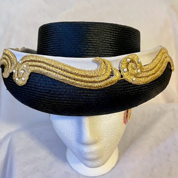 Adolfo II 90’s black straw hat with white, gold and pearl embellishments. - Picture 2 of 5
